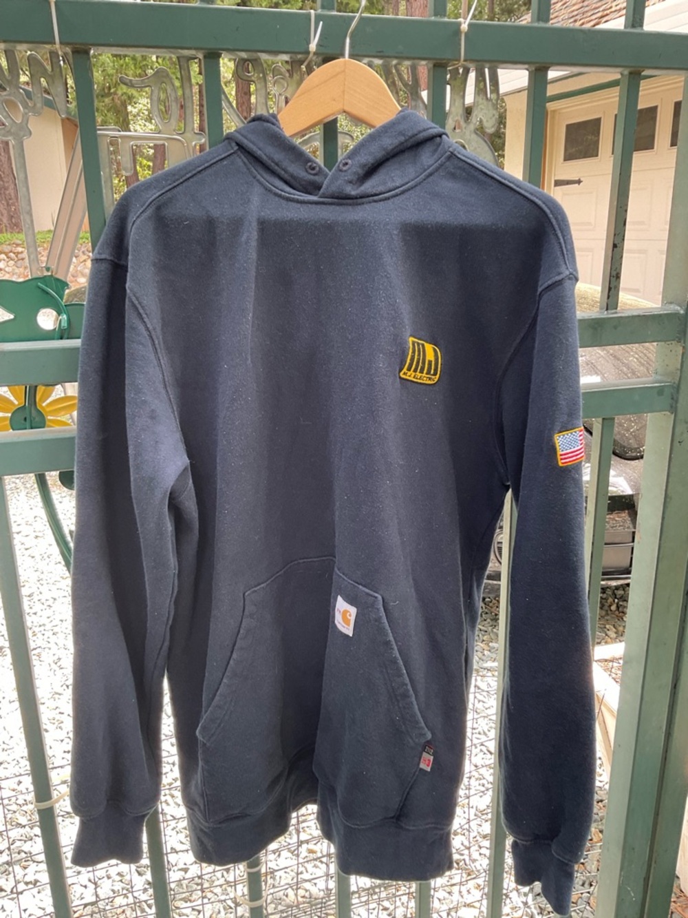 BR-Carhartt BlueHooded Sweatshirt with Yellow Logo and American Flag